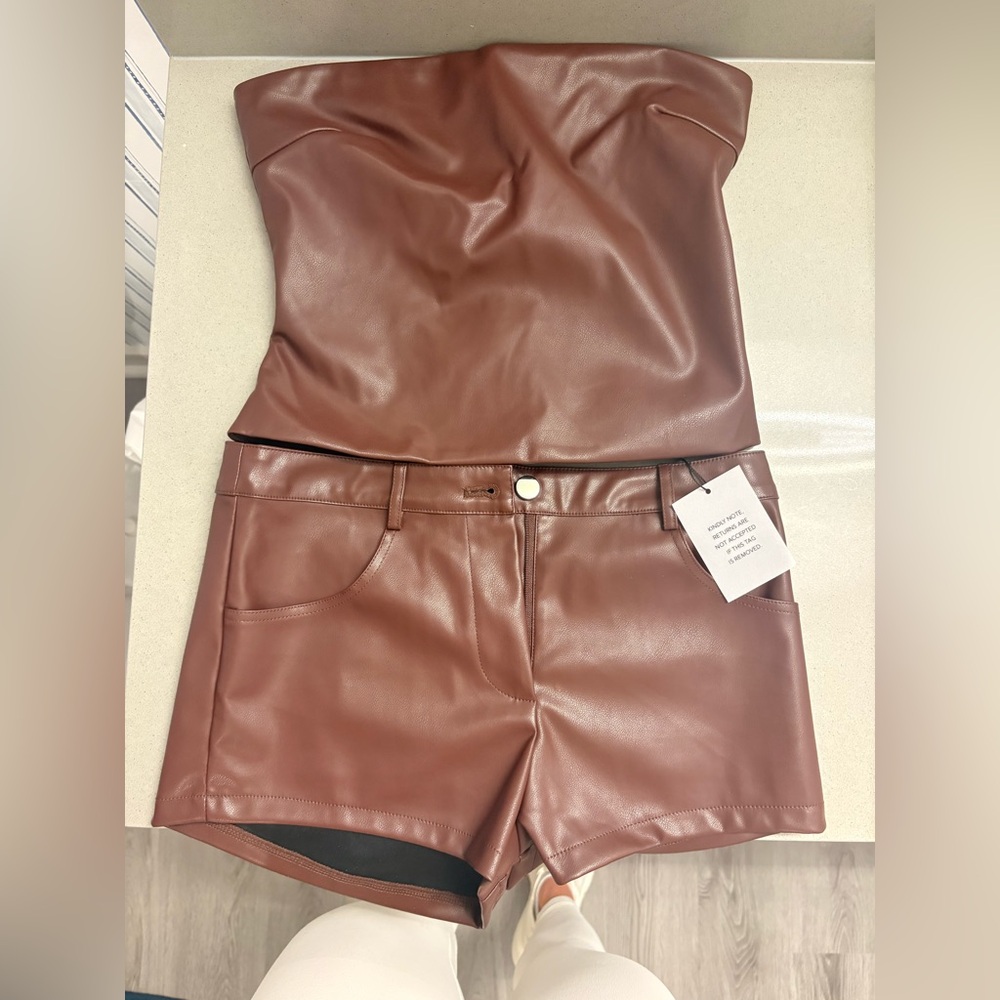 superdown Faux Leather mini Shorts and top set in Brown